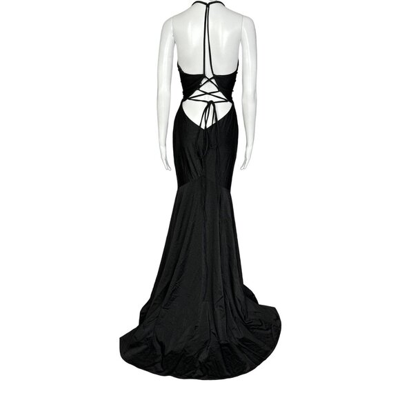 La Femme Womens Black sz 10 V-Neck Sexy Back Fitted Front Slit Maxi Gown Dress - Picture 8 of 13